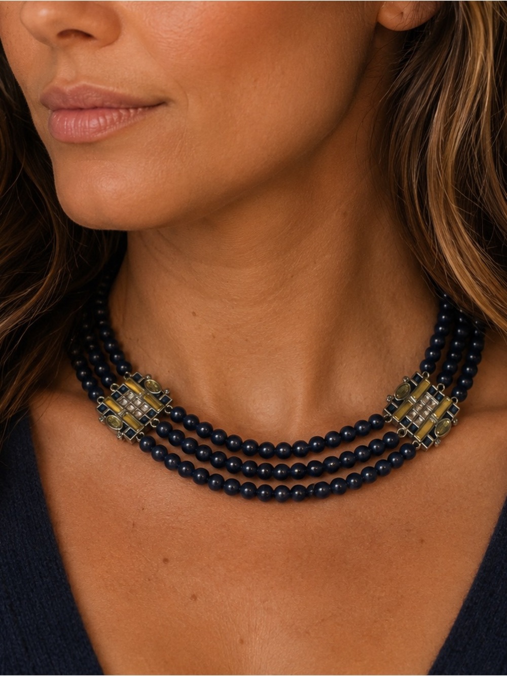 Lia Sophia Triple-Strand Navy Beaded Necklace with Gold Accents